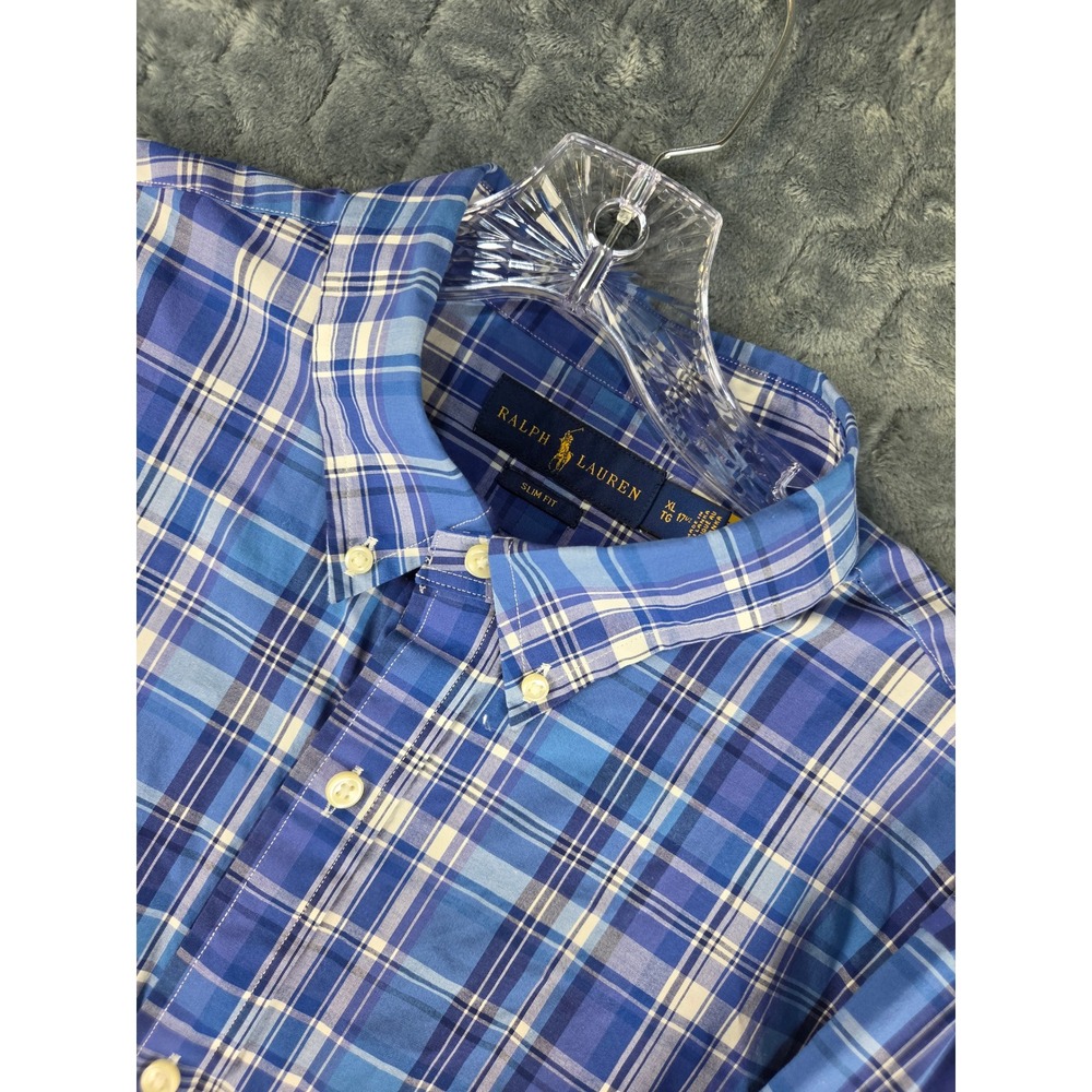 Ralph Lauren Mens XL Slim Fit Blue Plaid Button Down Shirt Long Sleeve Cotton